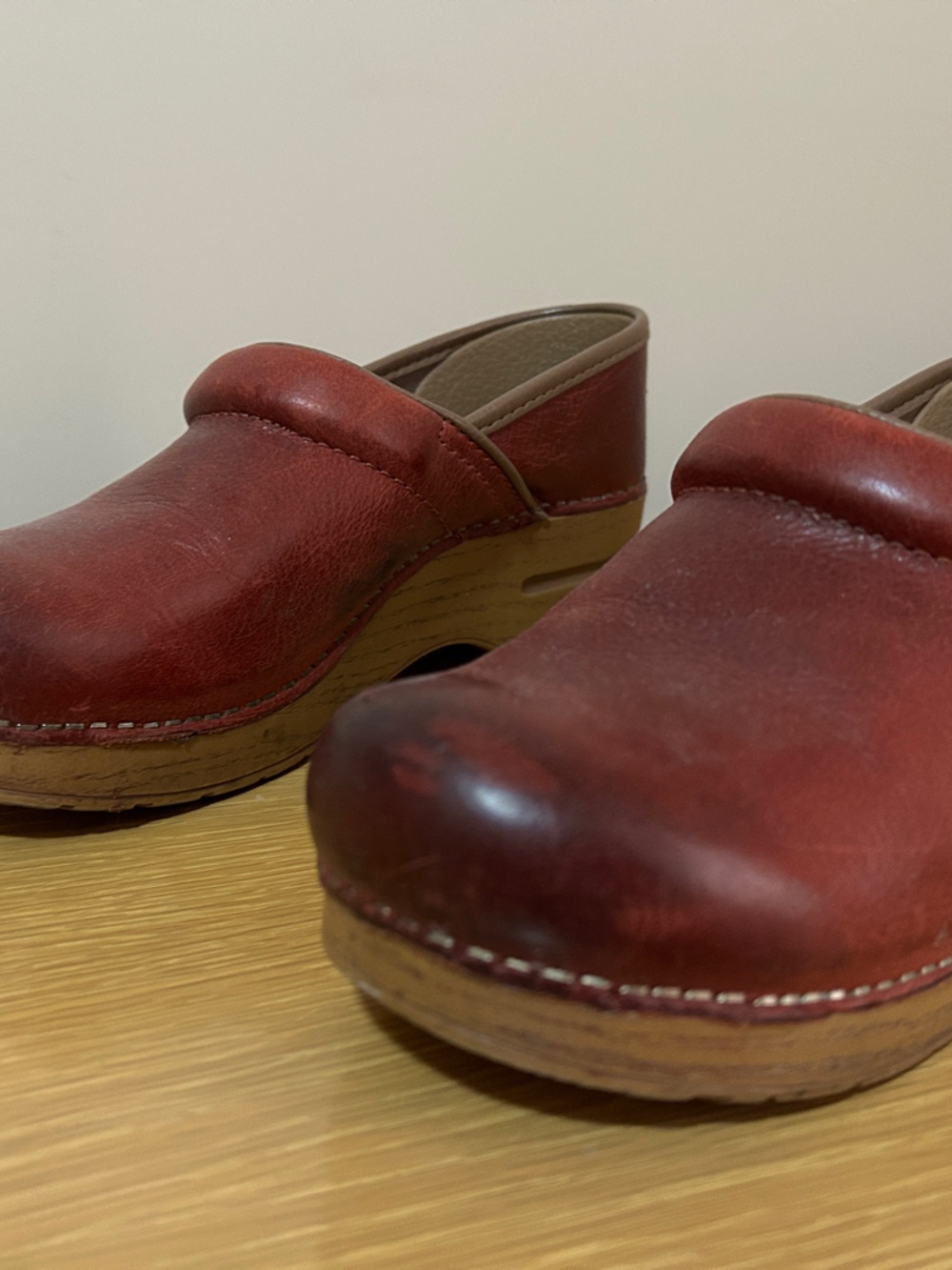 Dansko Professional Red Leather Clogs with Wood-Effect Wedge